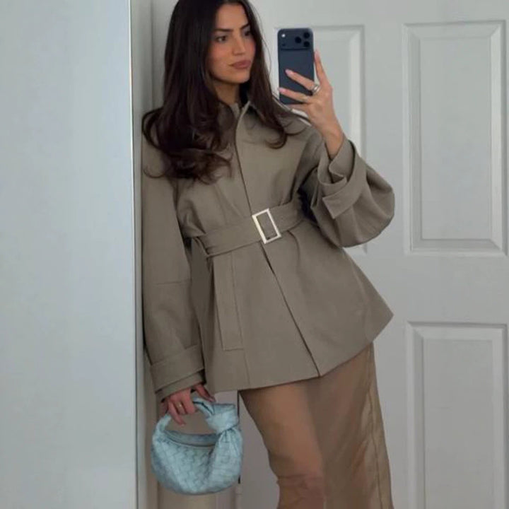 Women's Short Trench Coat with Waist Belt, Dropped Shoulder and Voluminous Balloon Sleeves Mune Fashion