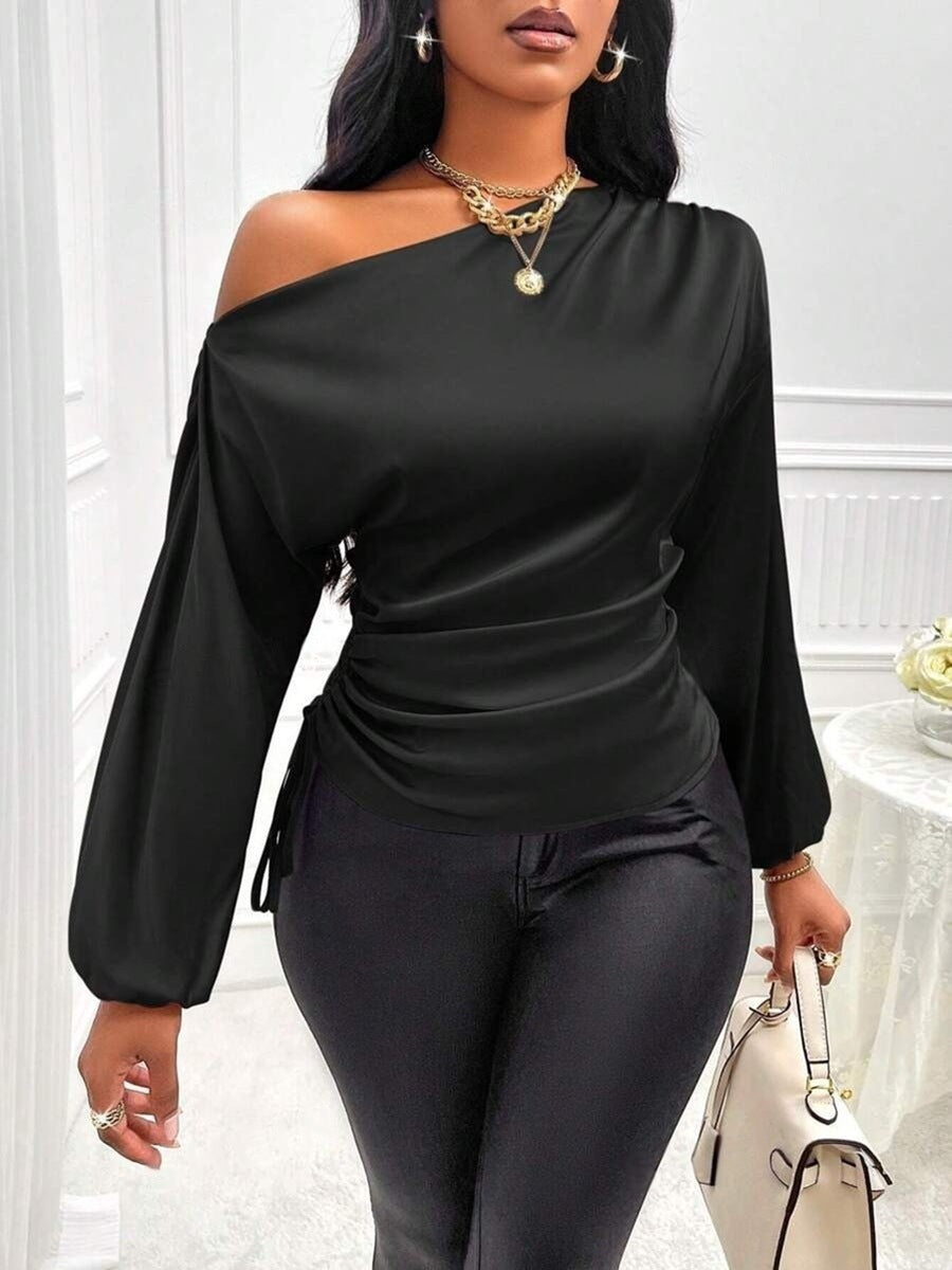 Women's satin blouse with asymmetric off-the-shoulder neckline and wide batwing sleeves Drune