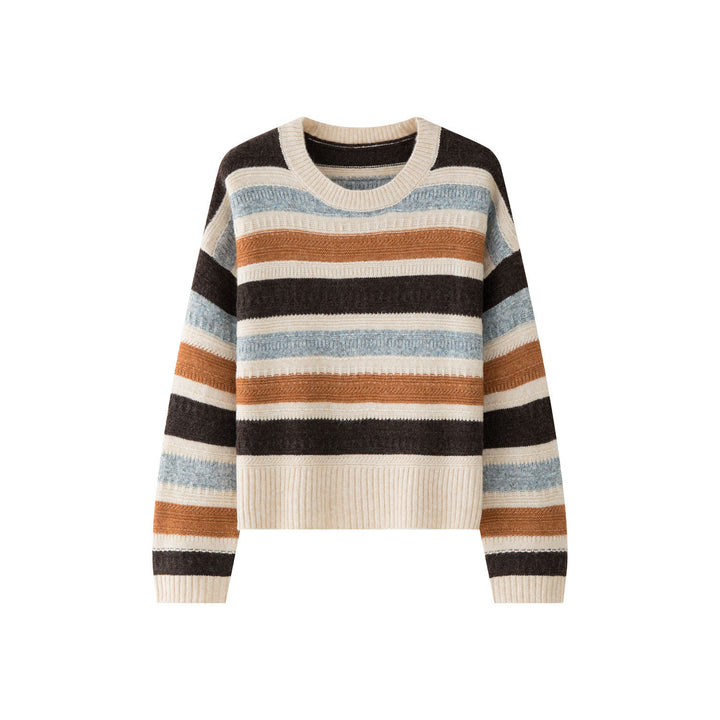 Women's Oversized Chunky Knit Sweater with Block Stripes and Ribbed Hem Mune Fashion