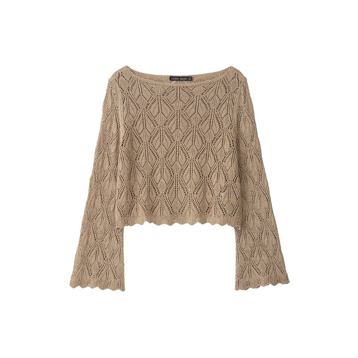 Women's Crocheted Look Cropped Knit Sweater with Openwork Pattern and Bell Sleeves Mune Fashion