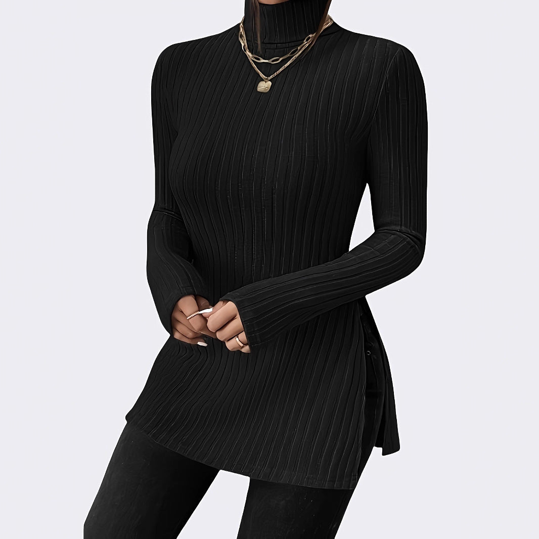 Women's Ribbed Longline Tunic with Stand Collar, Flared Sleeves and Side Slits Mune Fashion