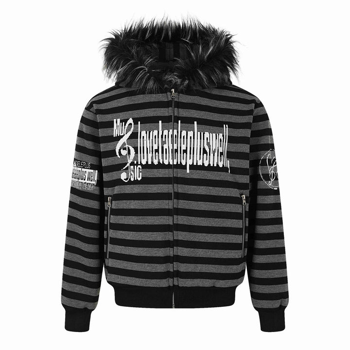 Unisex Striped Hooded Jacket with Faux Fur Hood and Zipper Pockets Mune Fashion