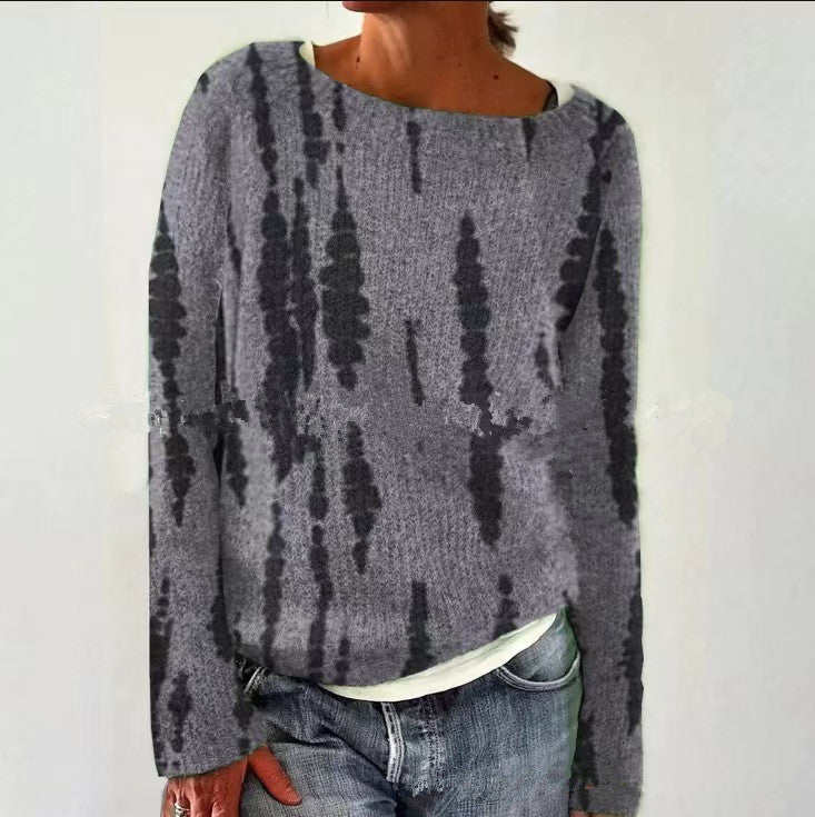 Women's gray marled round neck sweater with circular jacquard yoke and ribbed hem Mune Fashion