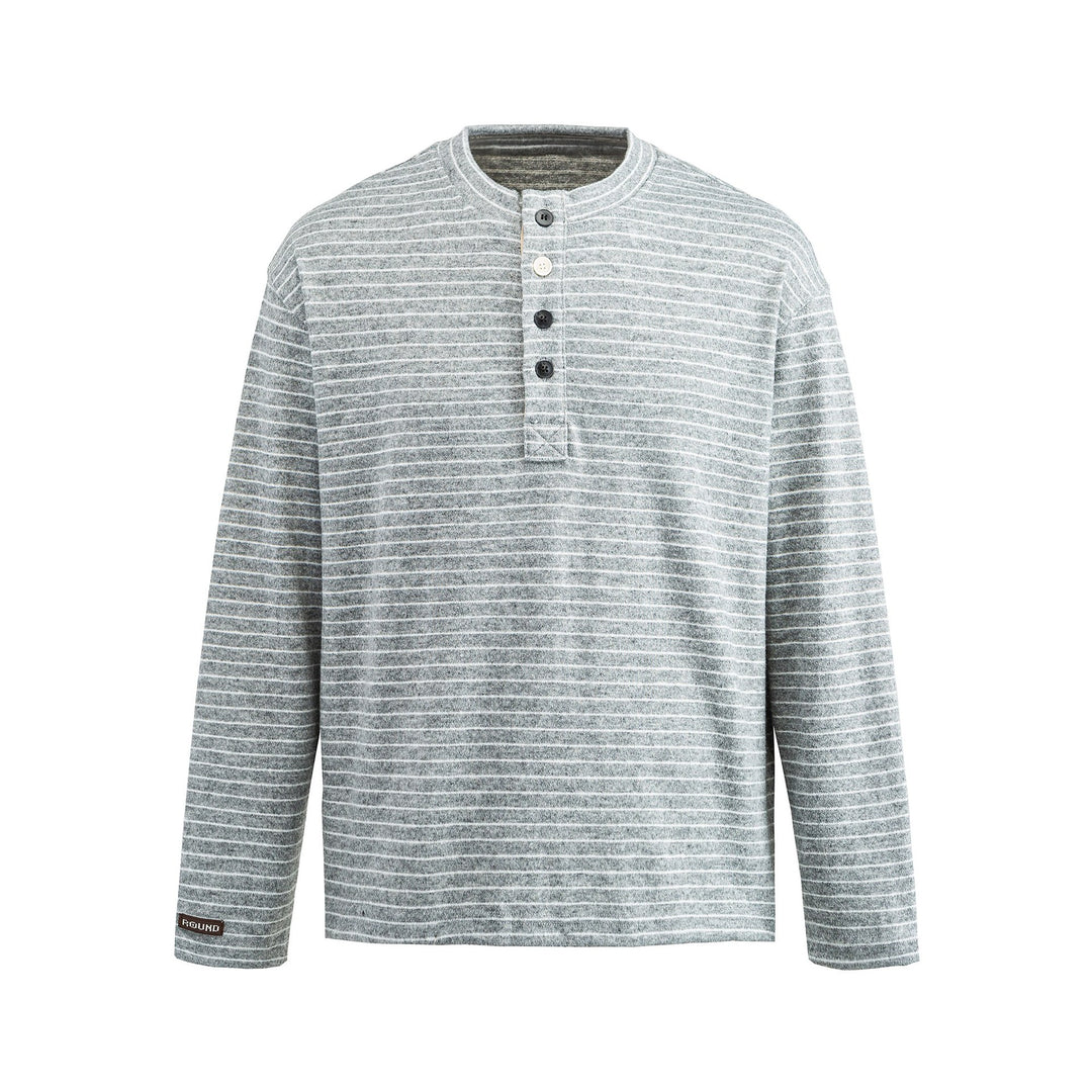 Men's Fine Knit Henley Shirt with Short Button Placket and Horizontal Stripe Pattern Mune Fashion