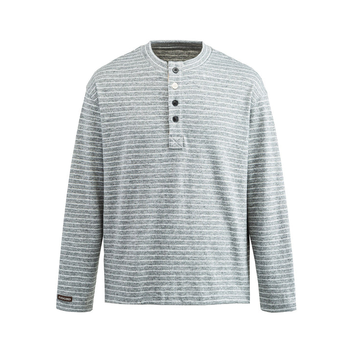 Men's Fine Knit Henley Shirt with Short Button Placket and Horizontal Stripe Pattern Mune Fashion