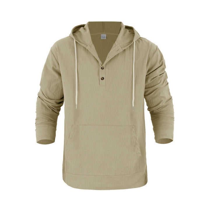 Men's linen look Henley hoodie with button placket and kangaroo pocket Mune Fashion
