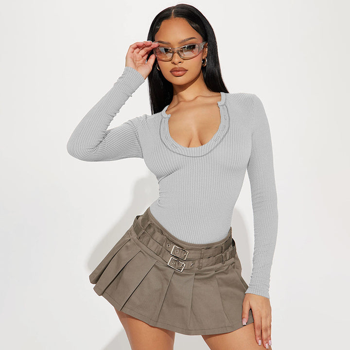 Damen Figurbetonter Rippshirt-Body mit langen Ärmeln und hohem Beinschnitt Mune Fashion