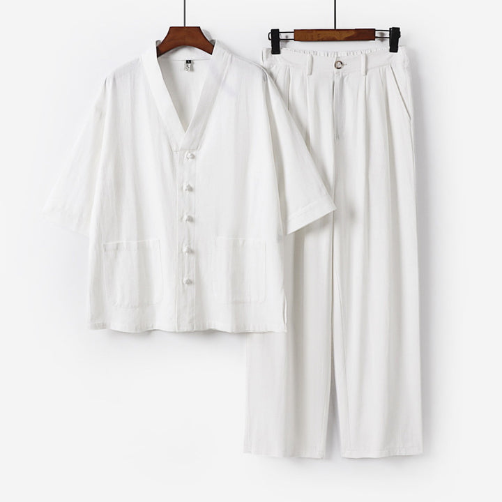 Unisex Zen-inspired Relax Set with short sleeve kimono top, concealed button placket, and elastic waistband pants Mune Fashion