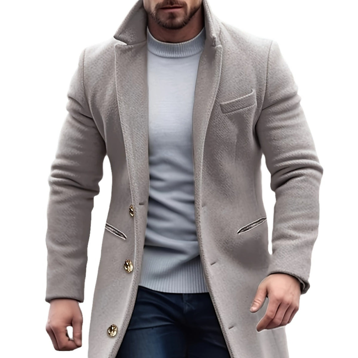 Men's Longer Tailored Wool Coat with Lapel Collar and Flap Pockets Mune Fashion
