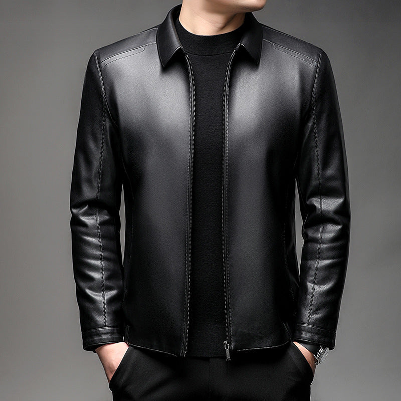 Men's Smooth Imitation Leather Bomber Jacket with Stand-up Collar, Concealed Zipper and Slim Fit Mune Fashion