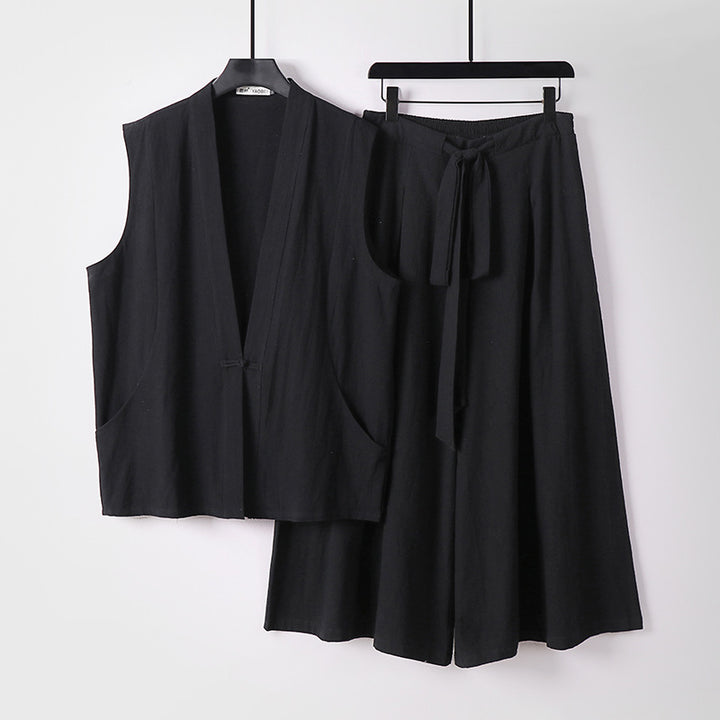 Women's Sleeveless Kimono Loungewear Set made of lightweight Viscose-Linen with Tied Vest and Wide Palazzo Pants Mune Fashion
