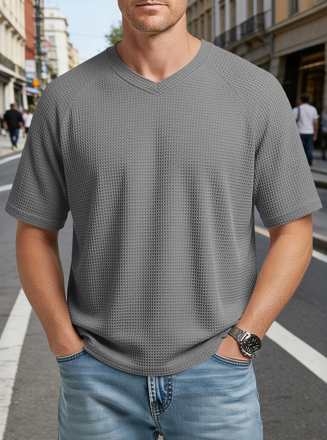 Men's casual V-neck waffle knit T-shirt made of breathable cotton blend Mune Fashion