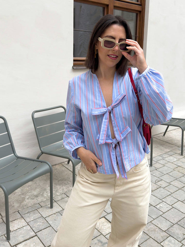 Women's Striped Tie Blouse with Bow Front, V-Neck & Balloon Sleeves Mune Fashion