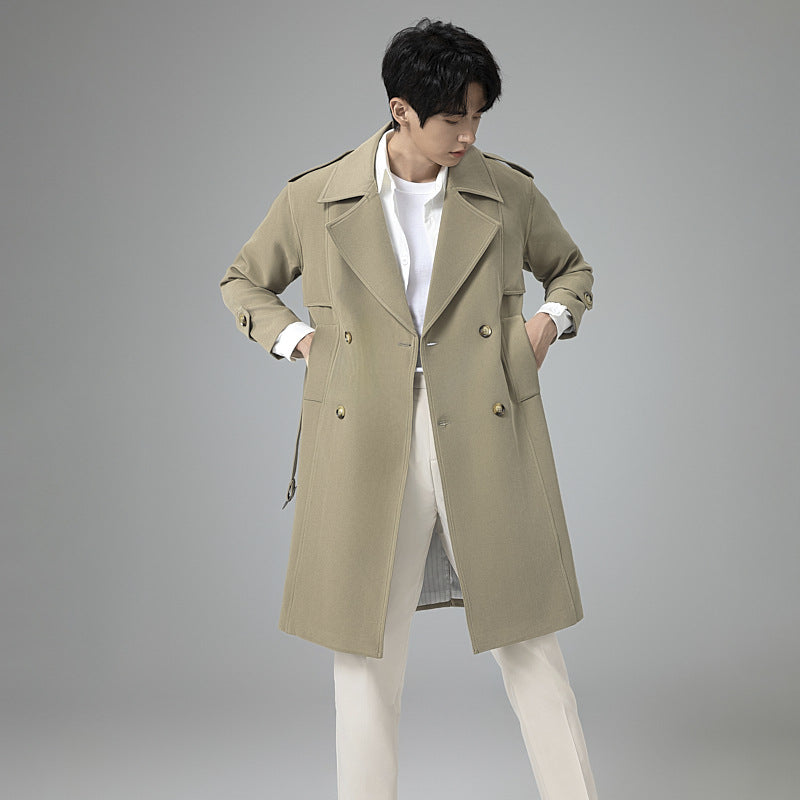 Men's Double-Breasted Trench Coat with Waist Belt and Classic Lapel Mune Fashion