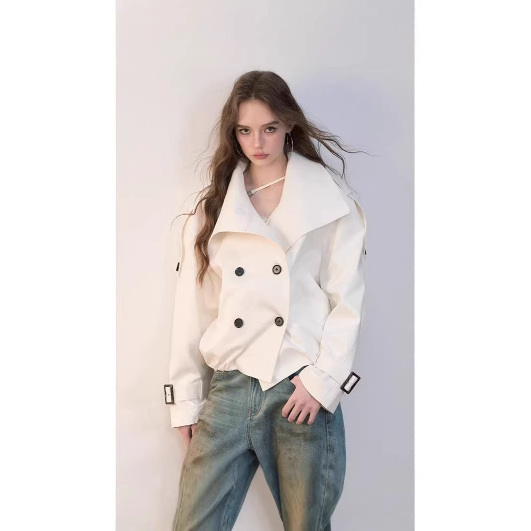 Women Oversized Double-Breasted Trench Bomber Jacket with High Stand-Up Collar Mune Fashion