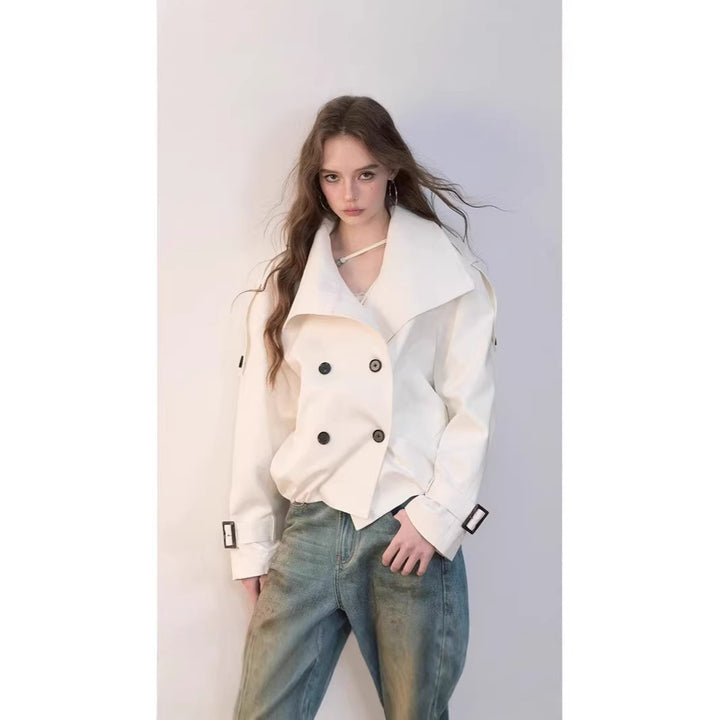 Women Oversized Double-Breasted Trench Bomber Jacket with High Stand-Up Collar Mune Fashion