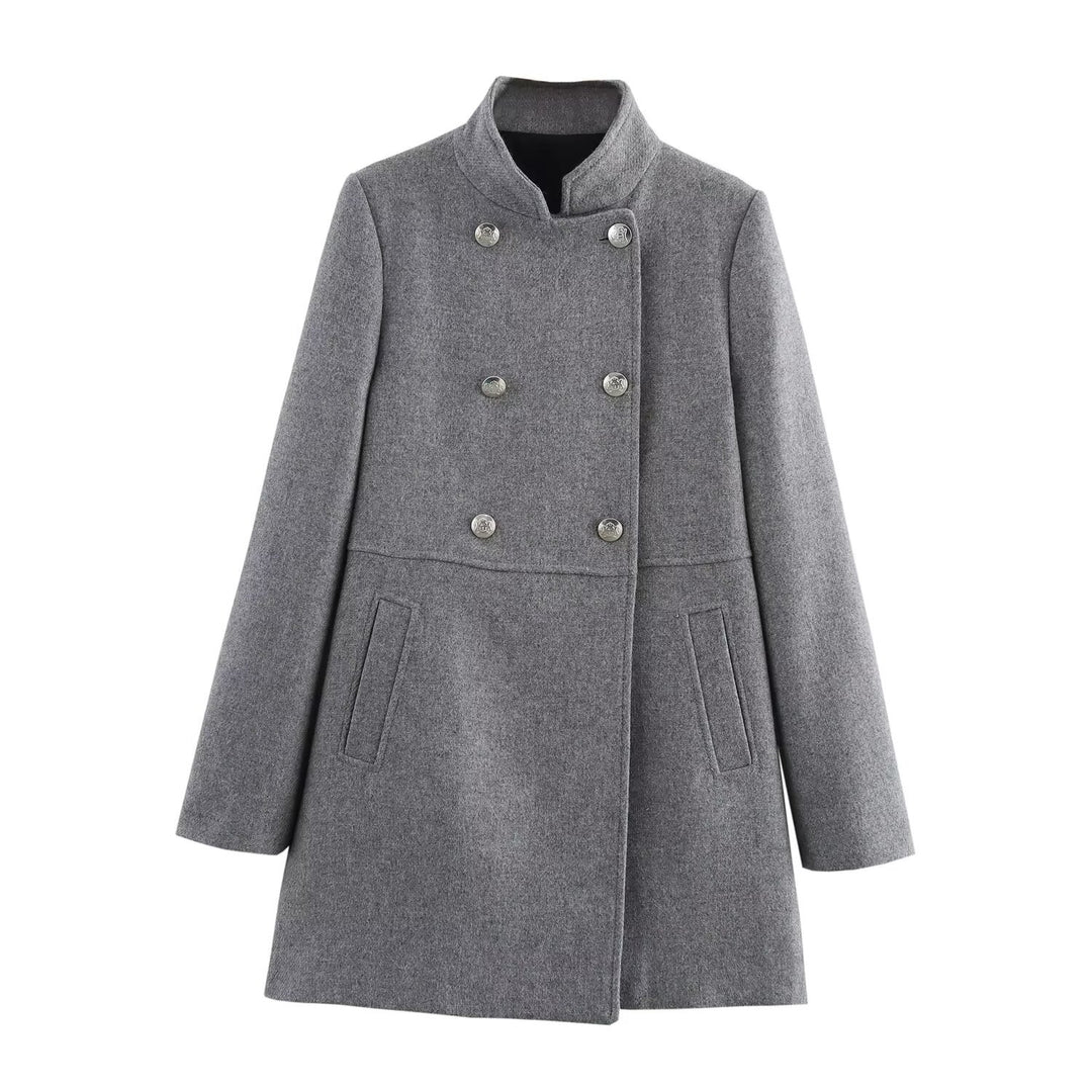Women's Double-Breasted Wool Blend Coat with Stand Collar and Decorative Buttons Mune Fashion