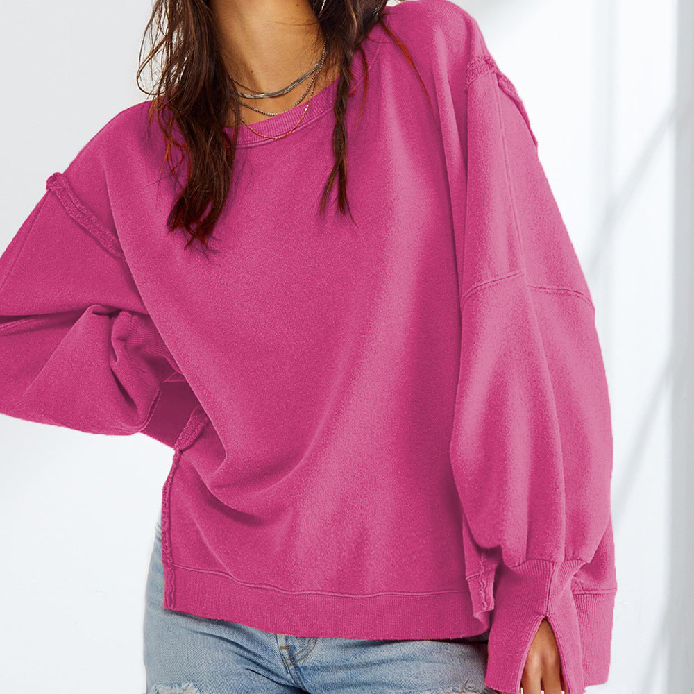 Women's Oversized Sweatshirt with Balloon Sleeves, Side Slits and Raw Edges Mune Fashion