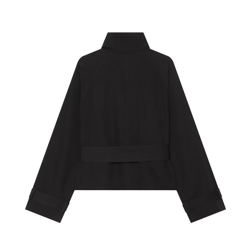 Women's Short Double-Breasted Trench Coat with Waistbelt, Epaulettes and Gold-Colored Details Mune Fashion