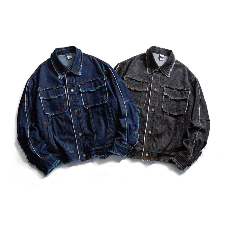 Men's Oversized Jeans Jacket with Frayed Edges and Large Flap Pockets Mune Fashion