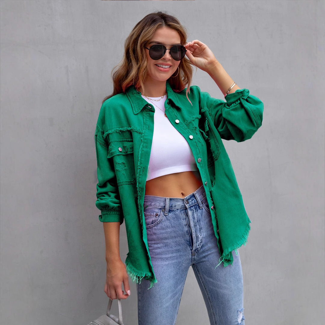 Women's oversized utility denim shirt jacket with fringe trim and patch pockets Mune Fashion