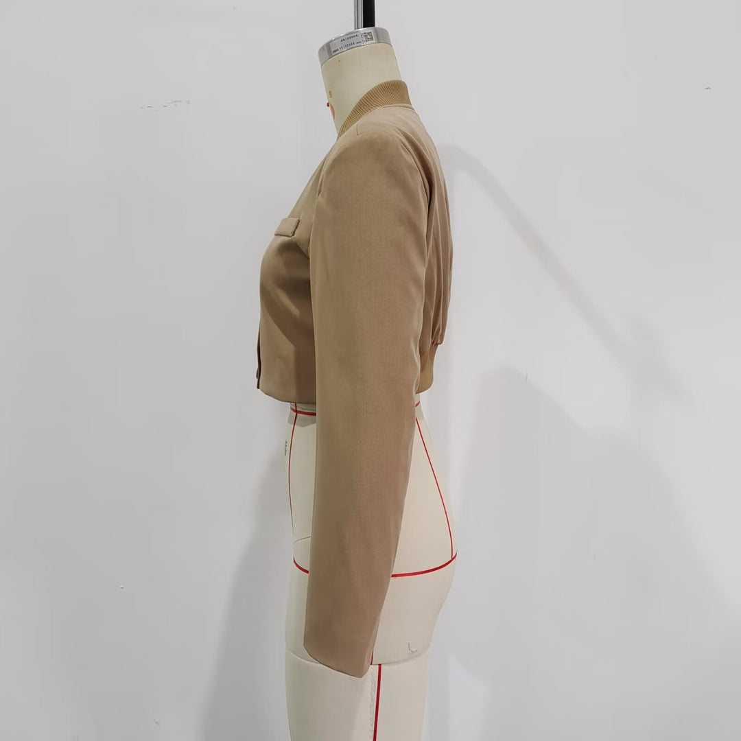 Women's short-cut pinstripe bolero jacket with rounded stand collar and decorative buttons Mune Fashion