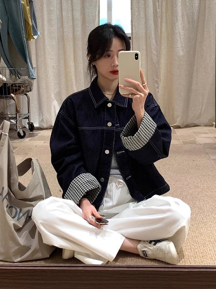 Women Oversized Denim Jacket with Contrasting Check Lining and Cuff Roll Mune Fashion