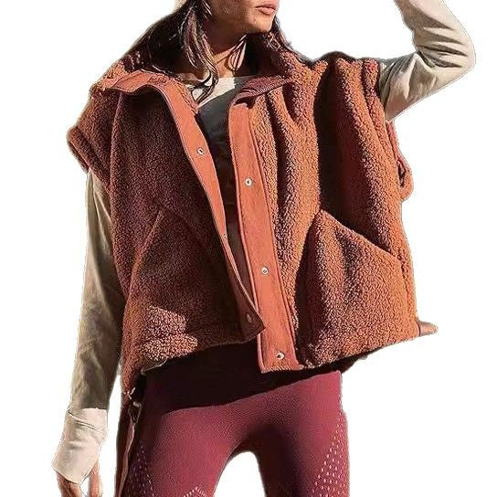 Women's Oversized Teddy Fleece Vest with Hood and Snap Buttons Mune Fashion