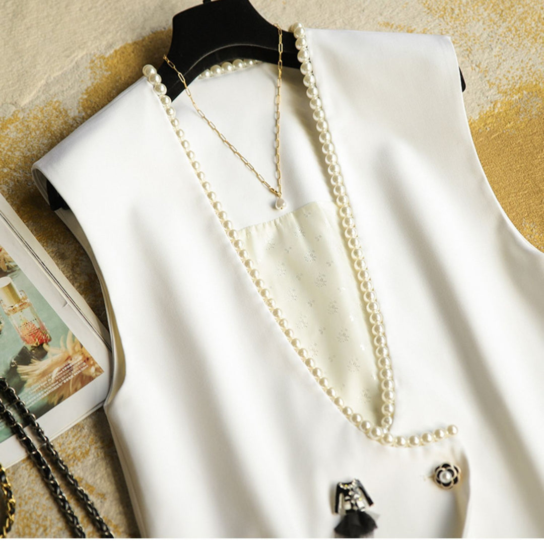 Women's Elegant Blazer Vest with Pearl Decoration Mune Fashion