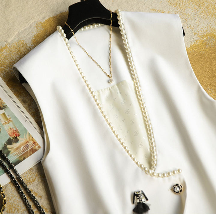 Women's Elegant Blazer Vest with Pearl Decoration Mune Fashion
