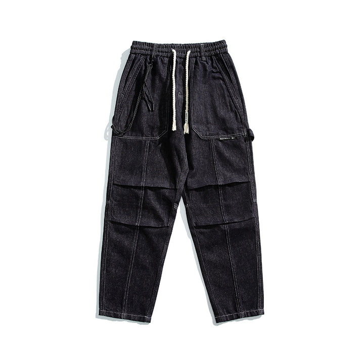Men's Relaxed Denim Cargo Pants with Elastic Waistband and Reinforced Knee Panels Mune Fashion
