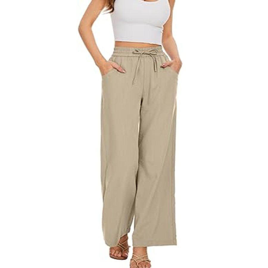 Women's wide linen pants with high elastic waistband, drawstring, and side pockets Mune Fashion