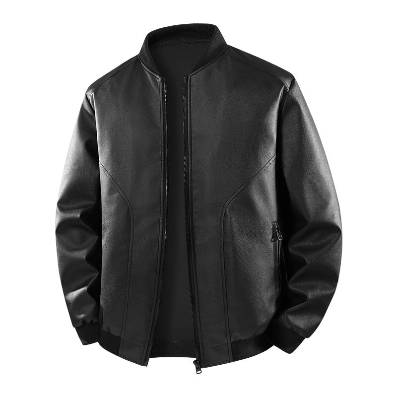 Men's leather bomber jacket with narrow stand-up collar, concealed zipper, and minimalist decorative seams Mune Fashion