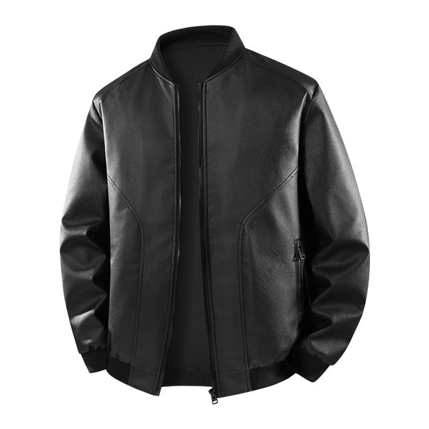 Men's leather bomber jacket with narrow stand-up collar, concealed zipper, and minimalist decorative seams Mune Fashion