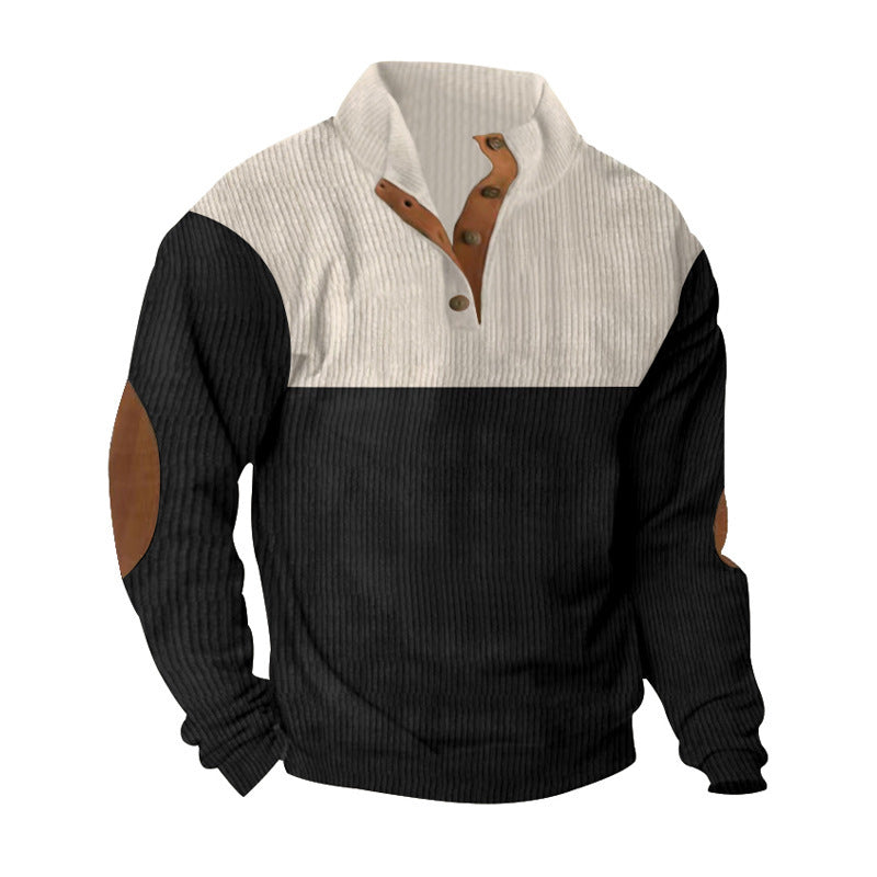 Men's ribbed pullover with stand-up collar, button placket, and elbow patches Mune Fashion