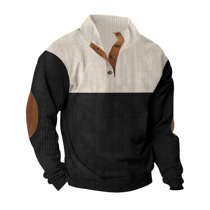 Men's ribbed pullover with stand-up collar, button placket, and elbow patches Mune Fashion