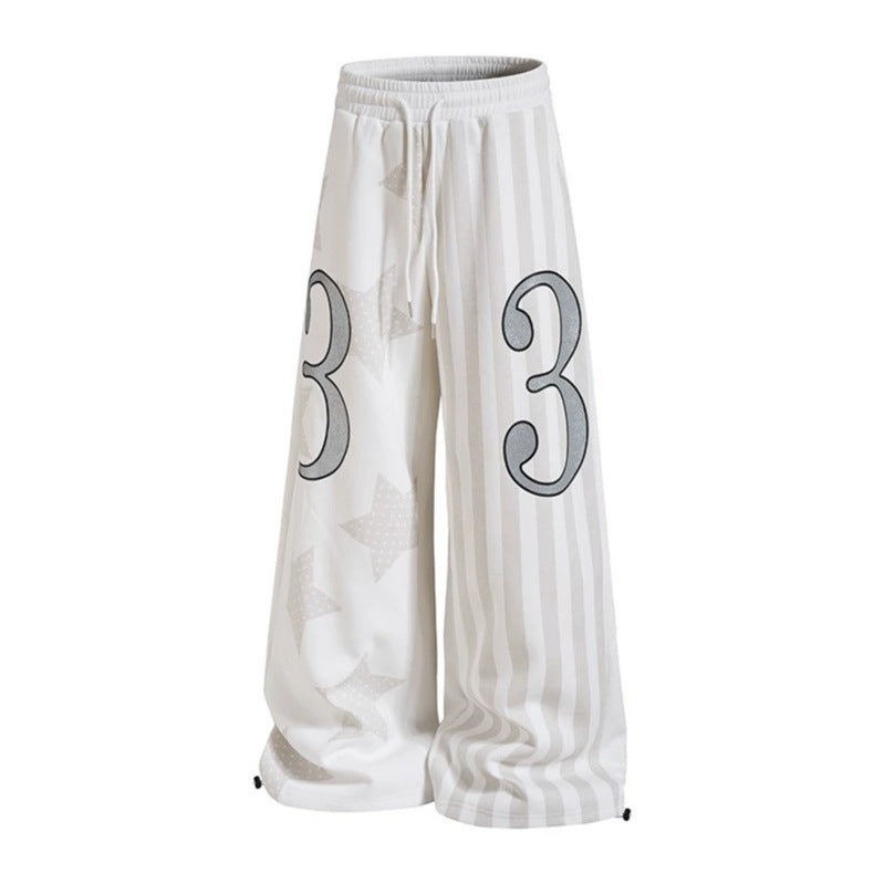 Women Wide Lounge Pants with High Comfort Waistband, Drawstring, Star and Stripe Print Mune Fashion