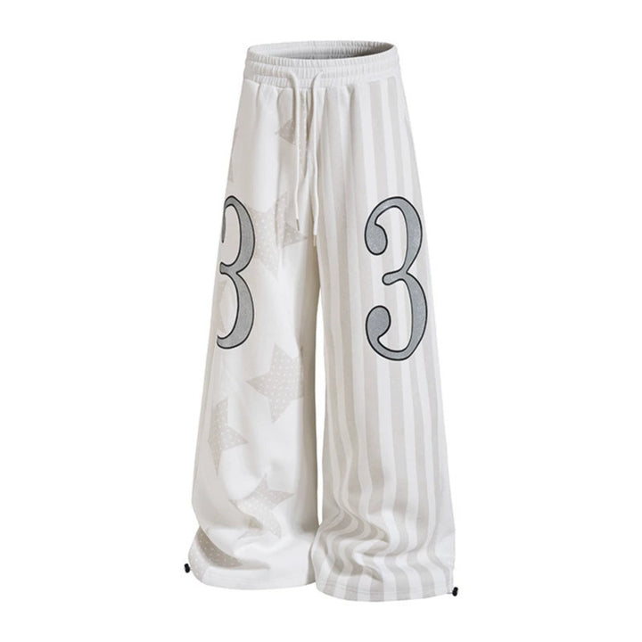 Women Wide Lounge Pants with High Comfort Waistband, Drawstring, Star and Stripe Print Mune Fashion