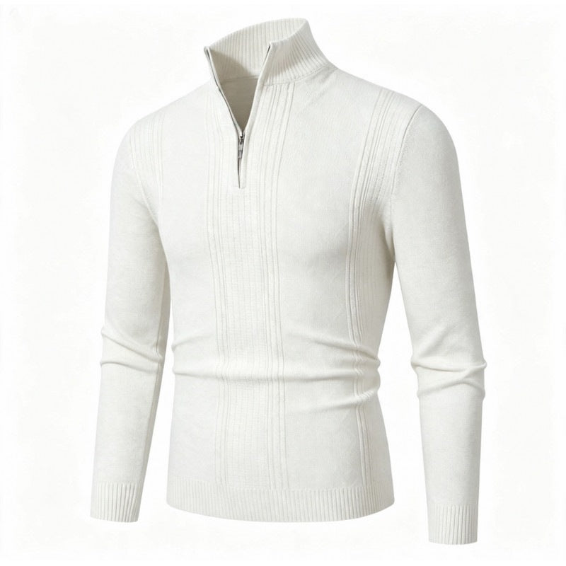 Men's Fine Half-Zip Roll Neck Sweater with Structure Stripes and Body-Hugging Fit Mune Fashion