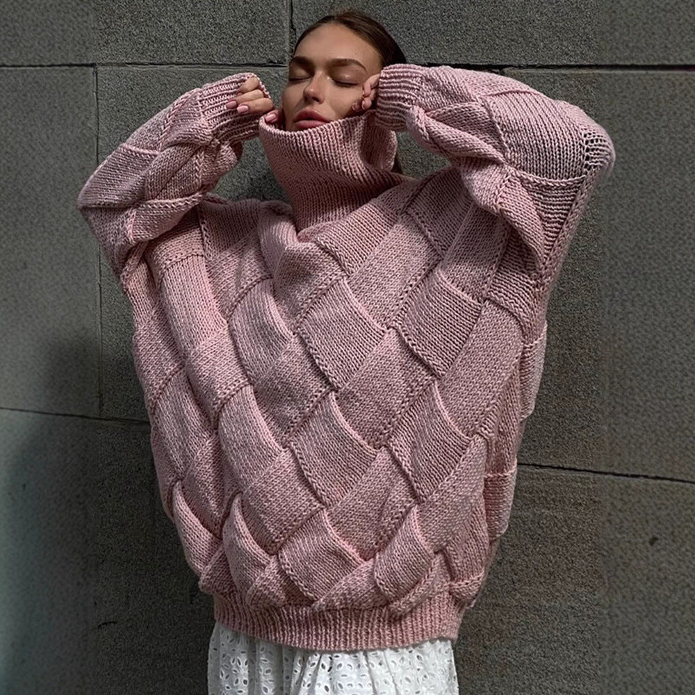 Women Oversize Knit Sweater with Roll Neck, Cable Pattern and Voluminous Balloon Sleeves Mune Fashion