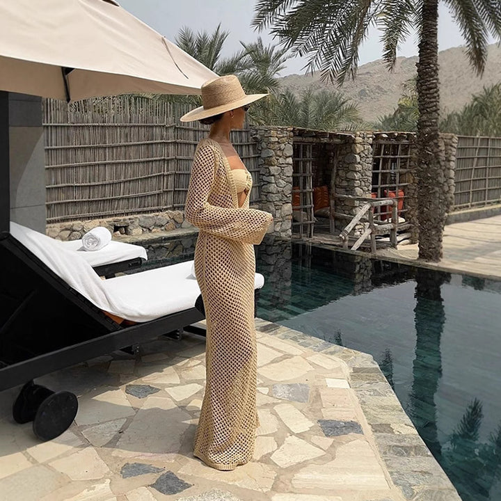 Women Open Crocheted Maxi Dress as Beach Cover-Up with Deep V and Long Sleeves Mune Fashion