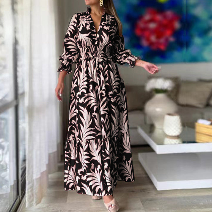 Women Long Maxi Dress with V-Neck, Elastic Smocked Waistband, Tiered Skirt, and Balloon Sleeves Drune