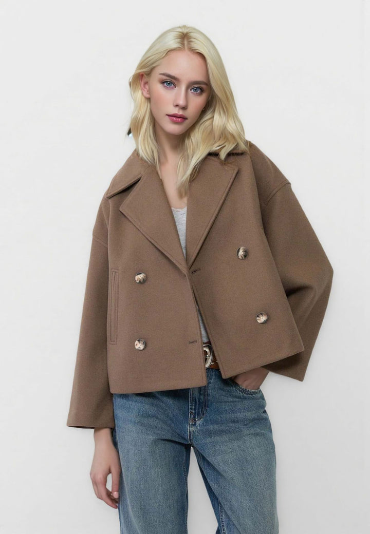 Women's short double-breasted wool blend coat jacket in boxy cut with wide lapel collar Mune Fashion