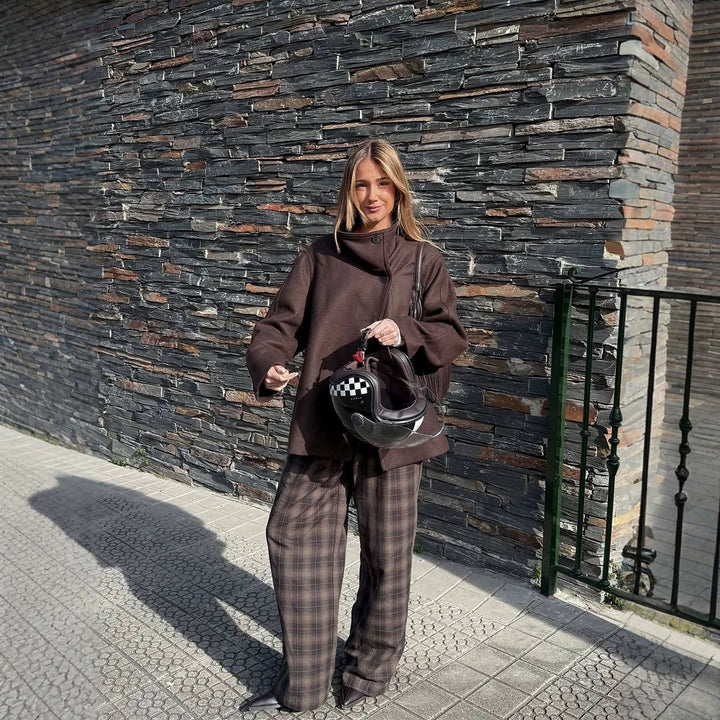 Women Longer Wool Blend Coat with Oversized Cut and Wide Lapel Mune Fashion