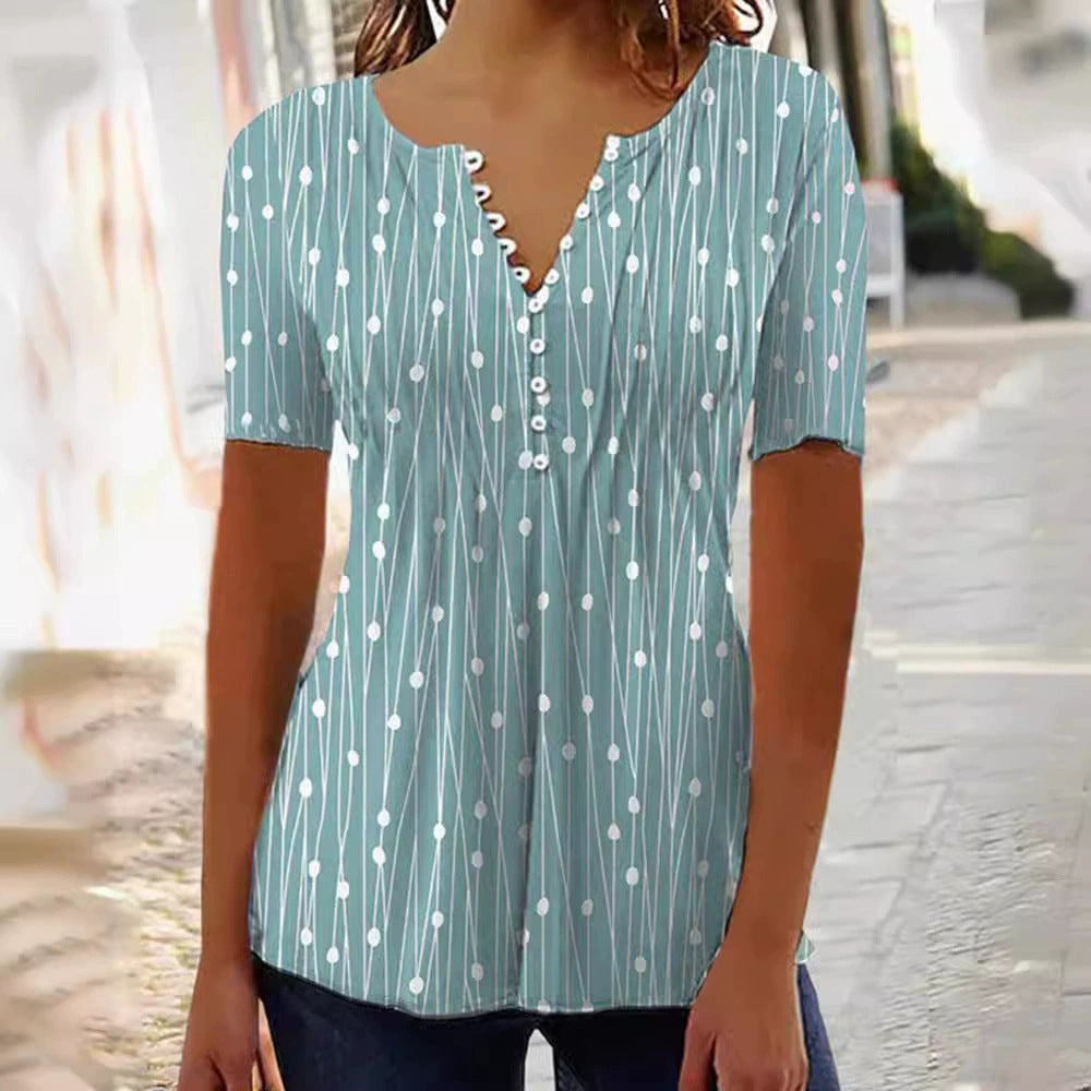 Women's lightweight tunic blouse with V-neck, decorative button placket, and empire gathering Mune Fashion