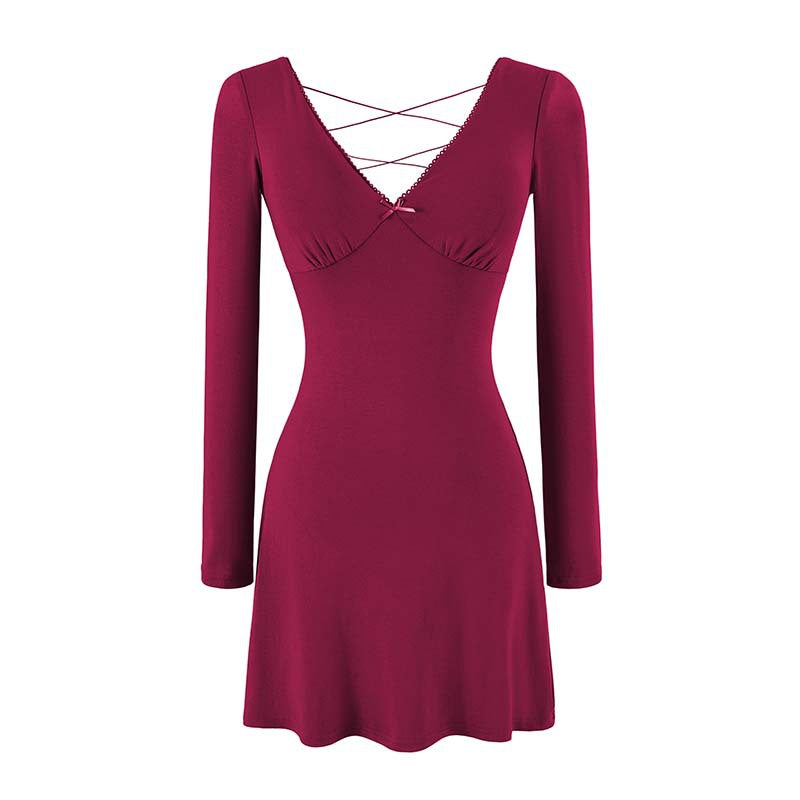 Ladies form-fitting mini dress with a deep V-neckline, gathered bust, and crossed back straps Mune Fashion