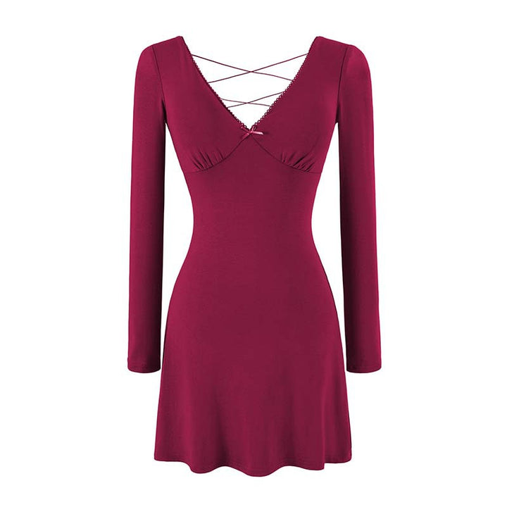 Ladies form-fitting mini dress with a deep V-neckline, gathered bust, and crossed back straps Mune Fashion