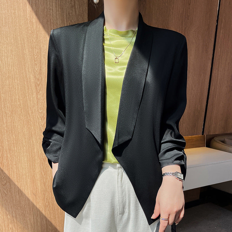 Women's shawl collar blazer with satin trim, open front and casual short fit Mune Fashion