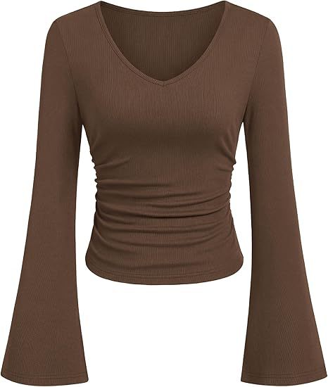 Women's Ribbed Crop Top with V-Neck, Tailored Gathering and Flared Trumpet Sleeves Mune Fashion