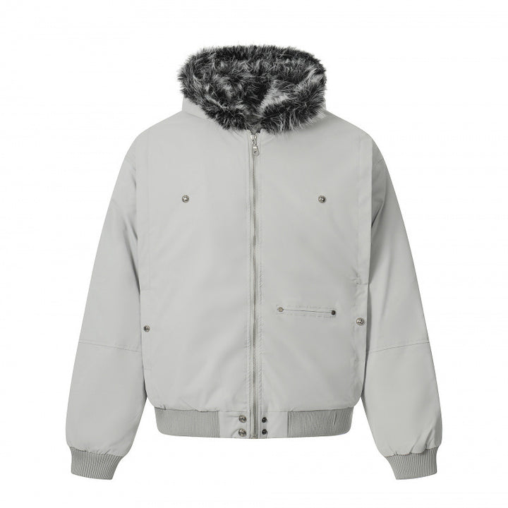 Unisex Short Boxy Bomber Jacket with Faux Fur Hood, Windproof Shell and Thermal Insulation Mune Fashion